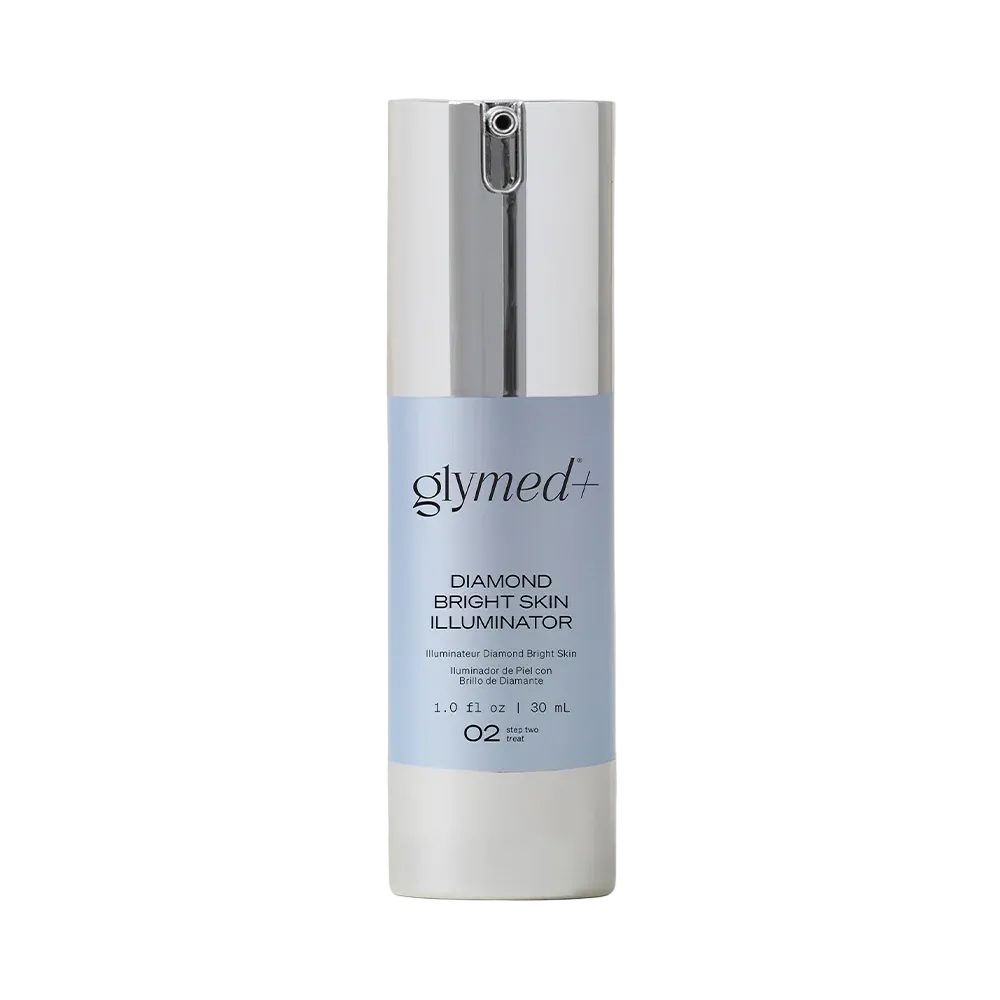A cylindrical cosmetic bottle for glymed+ Diamond Bright Skin Illuminator, featuring a metallic silver cap and base 