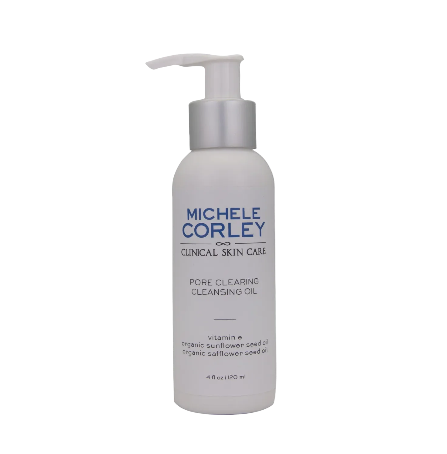 Michele Corley Pore Clearing Cleansing Oil in a white pump bottle